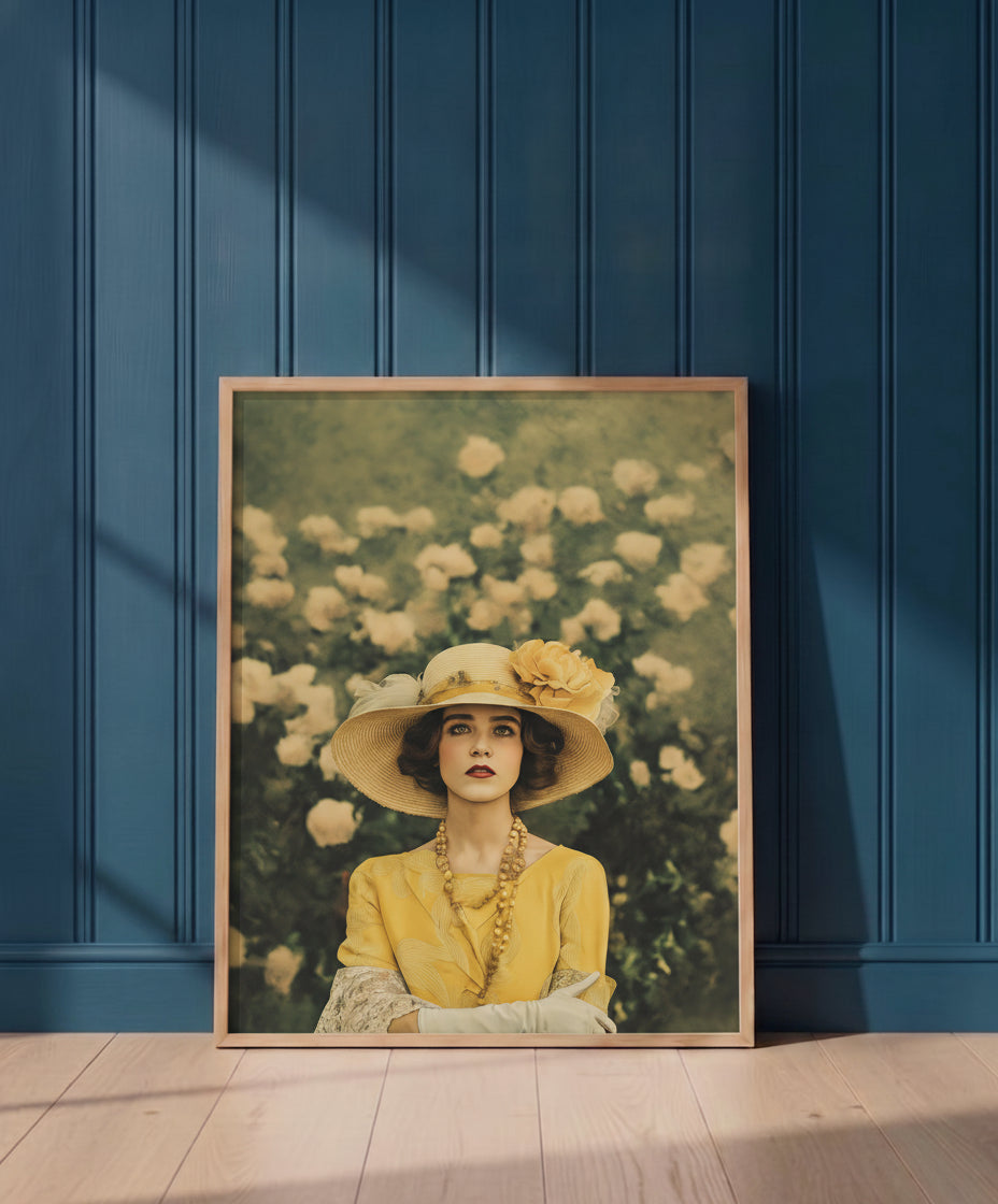 Rosy Vintage Glamour Art art print shown in a blue 1 setting