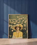 Rosy Vintage Glamour Art art print shown in a blue wall paneled setting