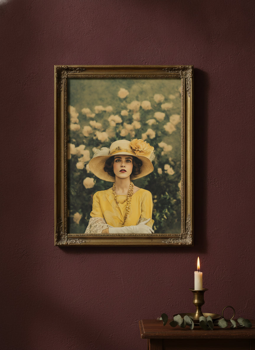 Rosy Vintage Glamour Art art print shown in a burgundy brass setting