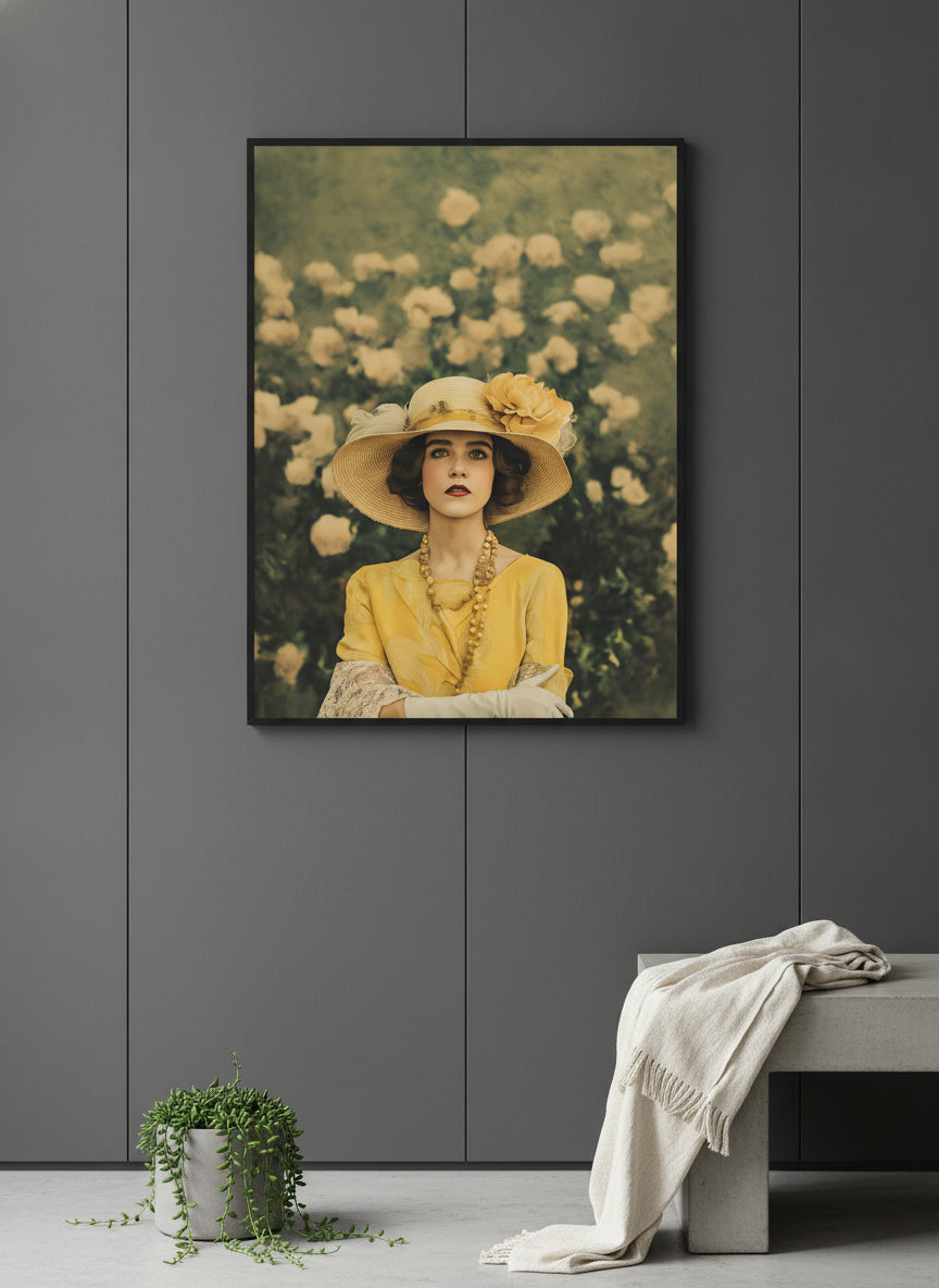 Rosy Vintage Glamour Art art print shown in a charcoal minimal black setting