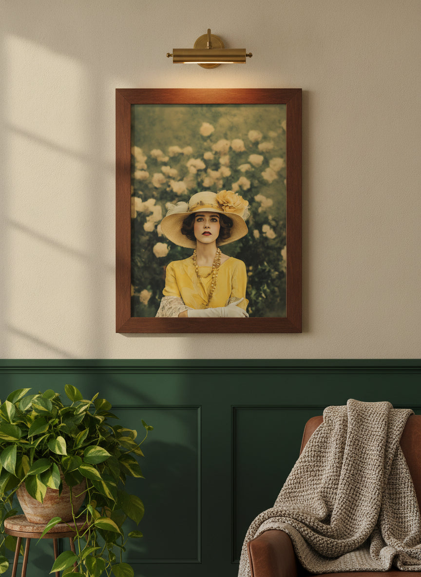 Rosy Vintage Glamour Art art print shown in a forest green walnut setting