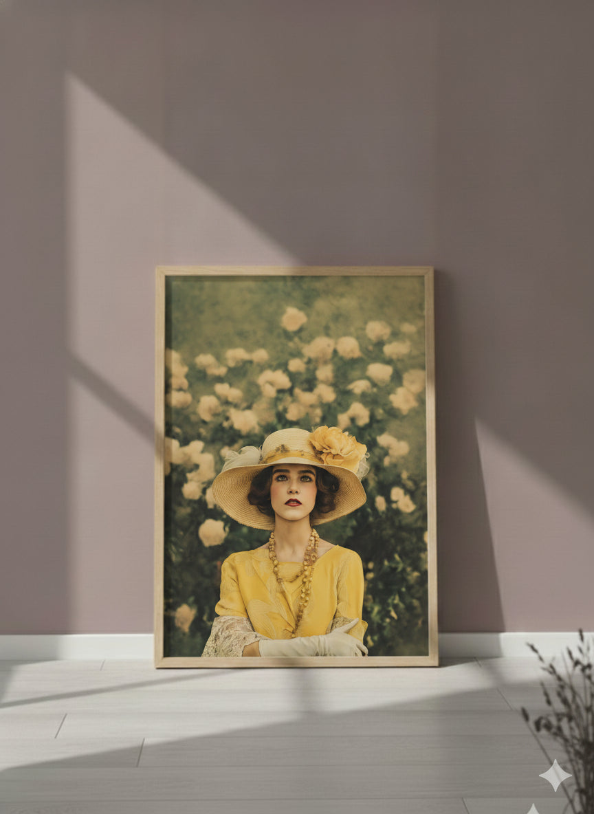 Rosy Vintage Glamour Art art print shown in a purple setting