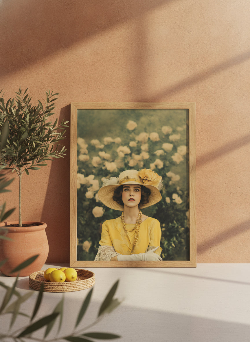 Rosy Vintage Glamour Art art print shown in a terracotta rustic setting
