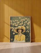 Rosy Vintage Glamour Art art print shown in a yellow wall setting
