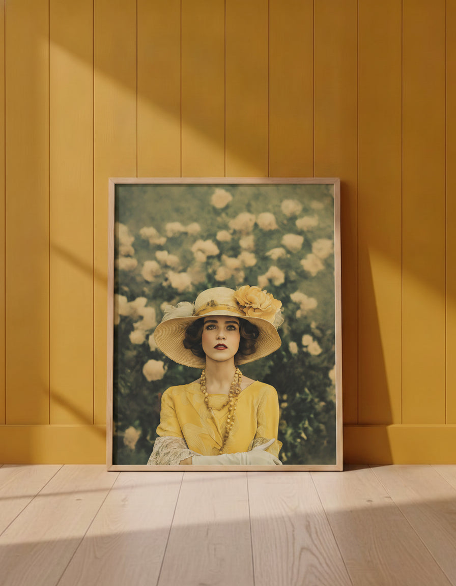 Rosy Vintage Glamour Art art print shown in a yellow wall setting