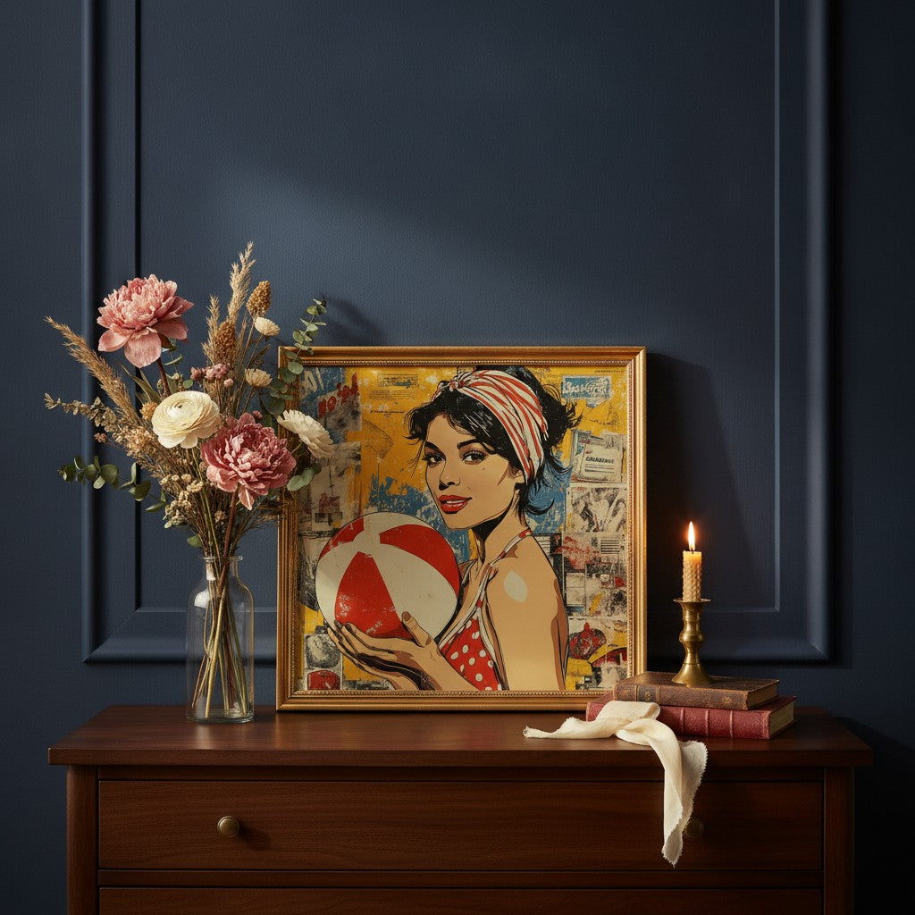 Retro Ball Game Pop Art art print shown in a dresser dried florals setting