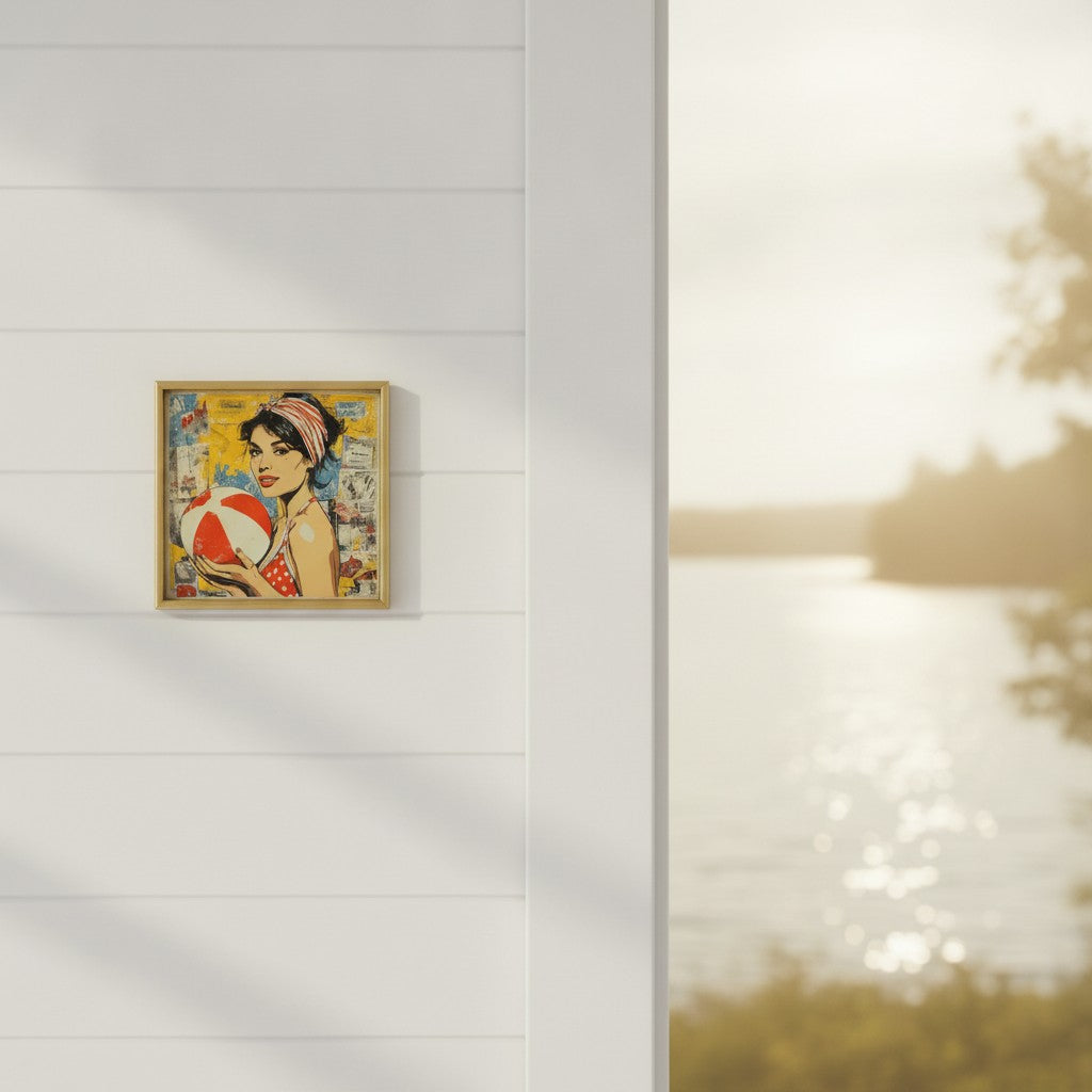 Retro Ball Game Pop Art art print shown in a shiplap blurred view setting