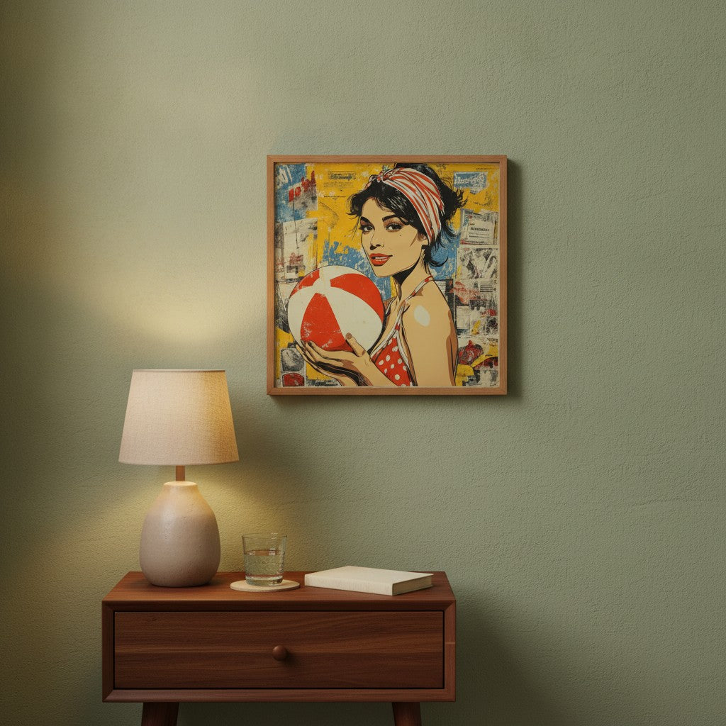 Retro Ball Game Pop Art art print shown in a square bedside oak setting