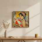 Retro Ball Game Pop Art art print shown in a square console brass setting