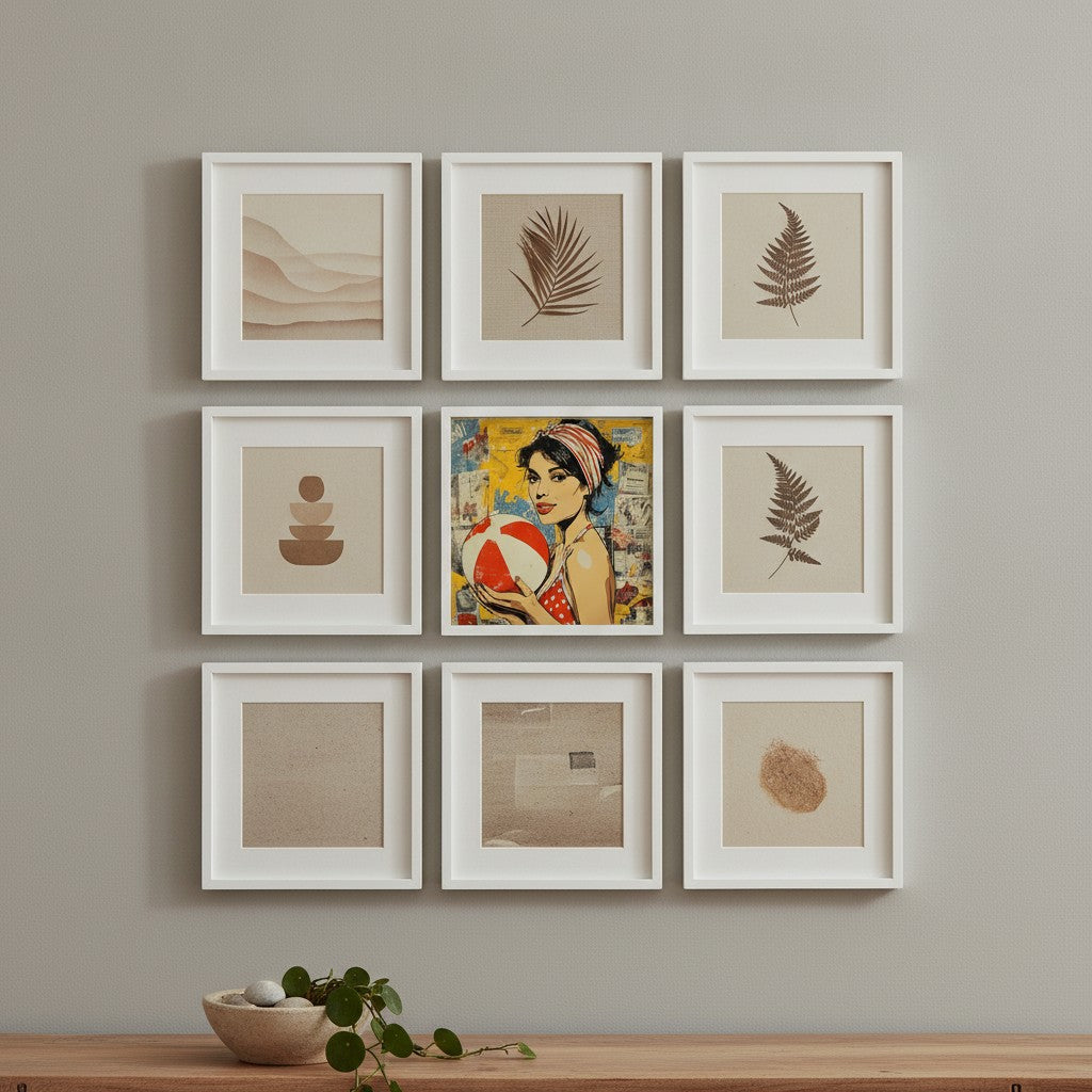 Retro Ball Game Pop Art art print shown in a square grid gallery putty setting