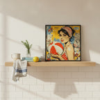 Retro Ball Game Pop Art art print shown in a square kitchen open shelf setting