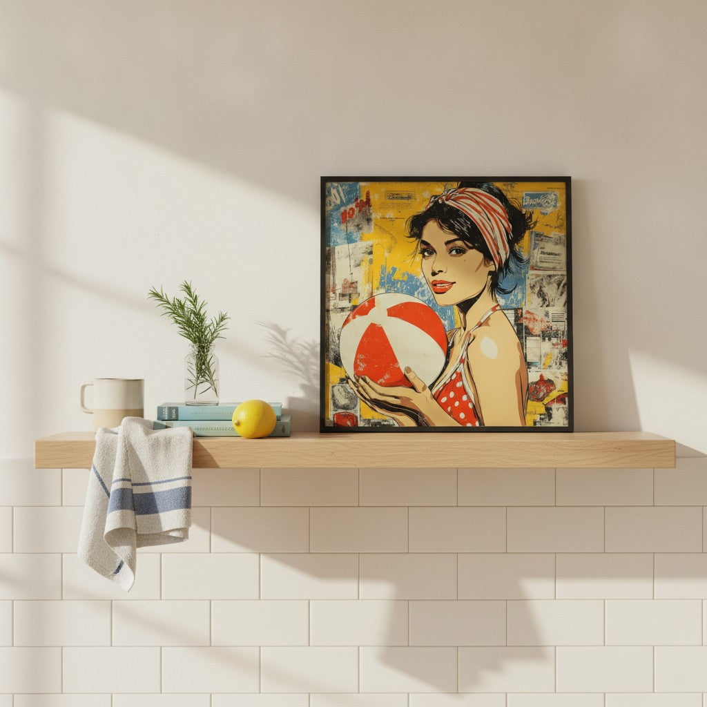 Retro Ball Game Pop Art art print shown in a square kitchen open shelf setting