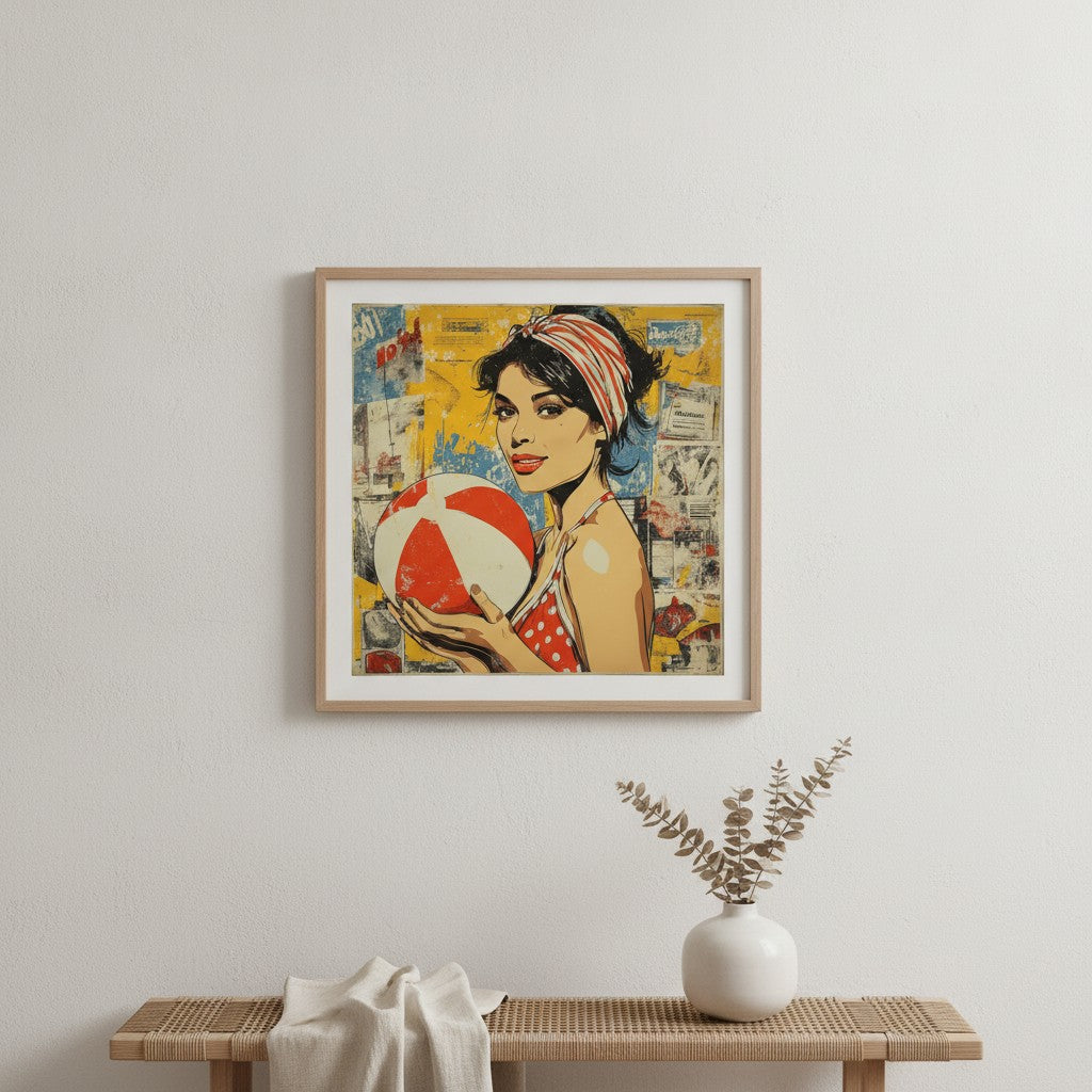 Retro Ball Game Pop Art art print shown in a square minimal ash setting