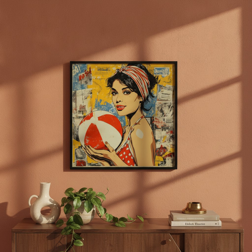 Retro Ball Game Pop Art art print shown in a square modern credenza terracotta setting