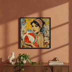 Retro Ball Game Pop Art art print shown in a square modern credenza terracotta setting
