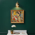 Retro Ball Game Pop Art art print shown in a square powder room emerald setting
