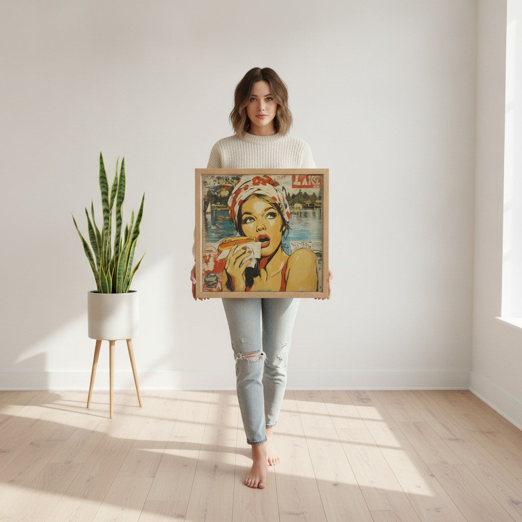 Retro Hot Dog Pop Art art print shown in a person holding bright setting
