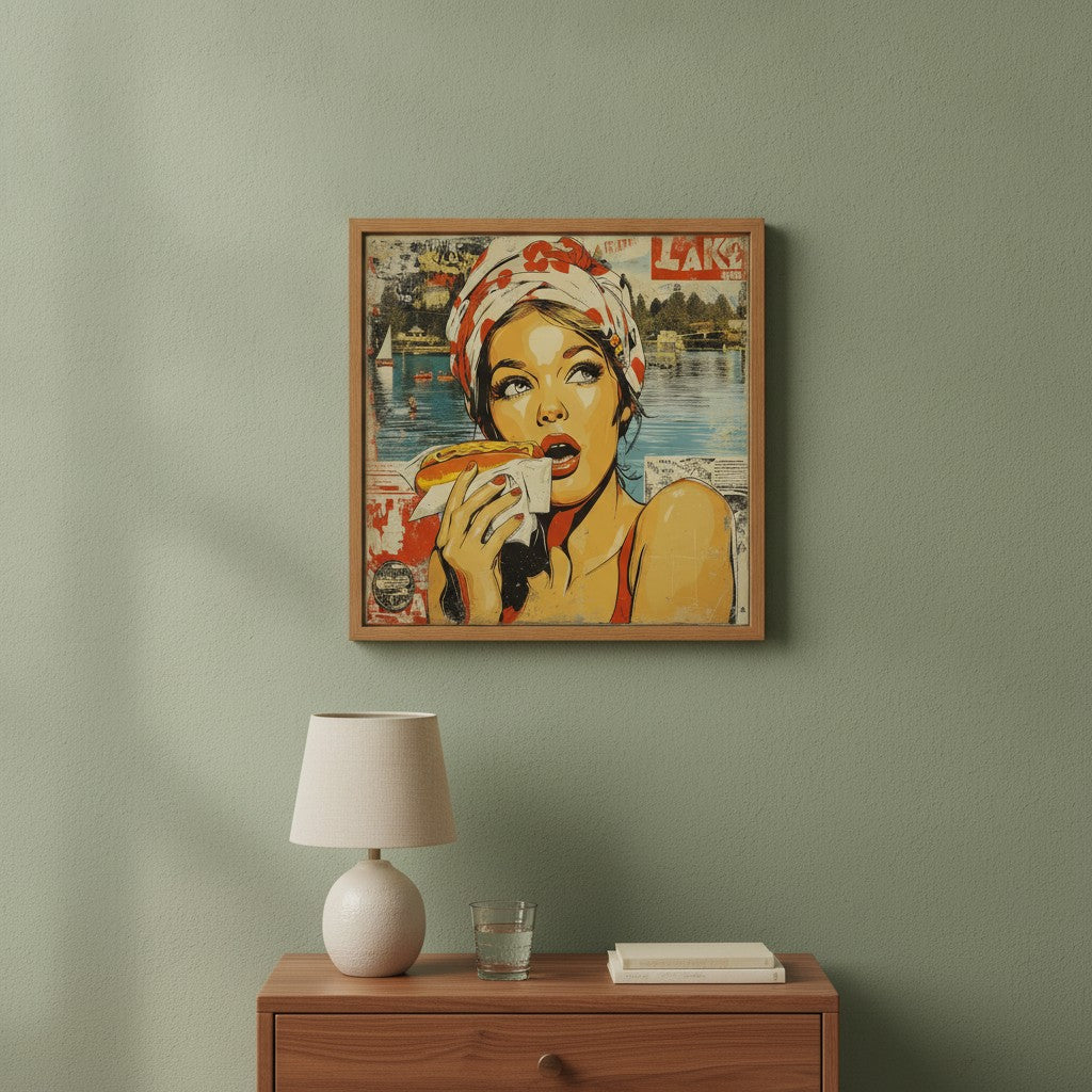 Retro Hot Dog Pop Art art print shown in a square bedside oak setting