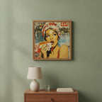 Retro Hot Dog Pop Art art print shown in a square bedside oak setting