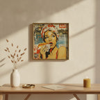 Retro Hot Dog Pop Art art print shown in a square console brass setting