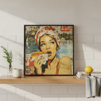 Retro Hot Dog Pop Art art print shown in a square kitchen open shelf setting