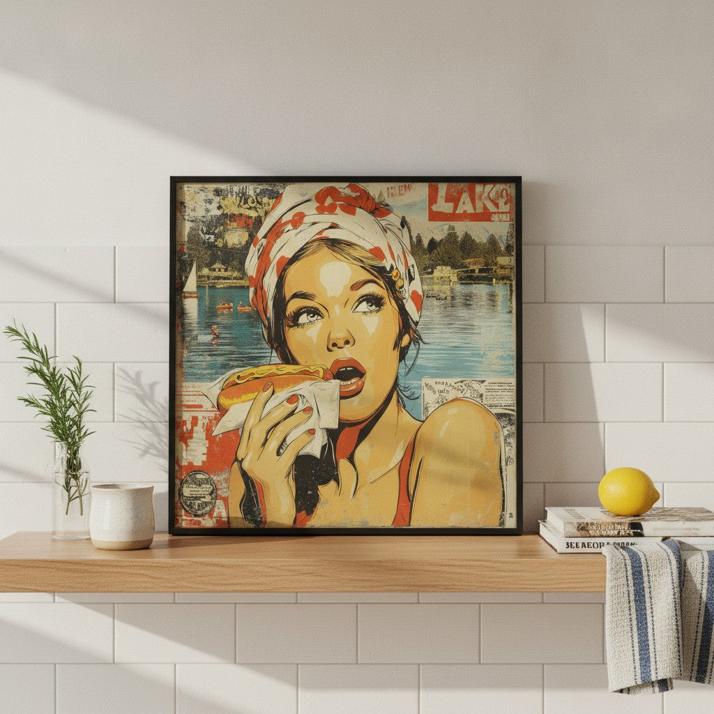 Retro Hot Dog Pop Art art print shown in a square kitchen open shelf setting