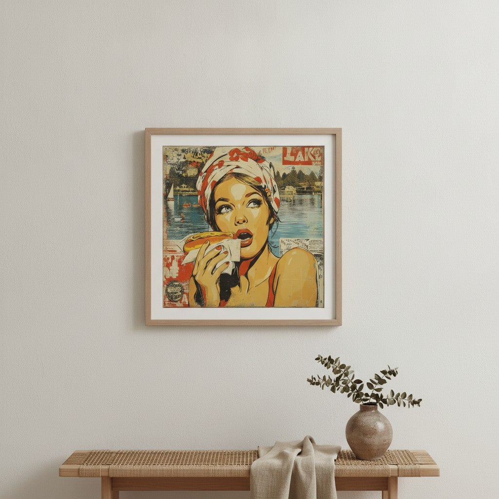 Retro Hot Dog Pop Art art print shown in a square minimal ash setting