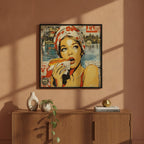 Retro Hot Dog Pop Art art print shown in a square modern credenza terracotta setting