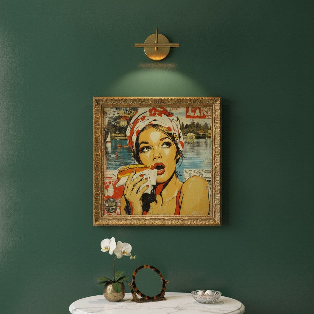 Retro Hot Dog Pop Art art print shown in a square powder room emerald setting