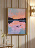 Loon Pair Sunset Lake Art art print shown in a art deco geometric setting