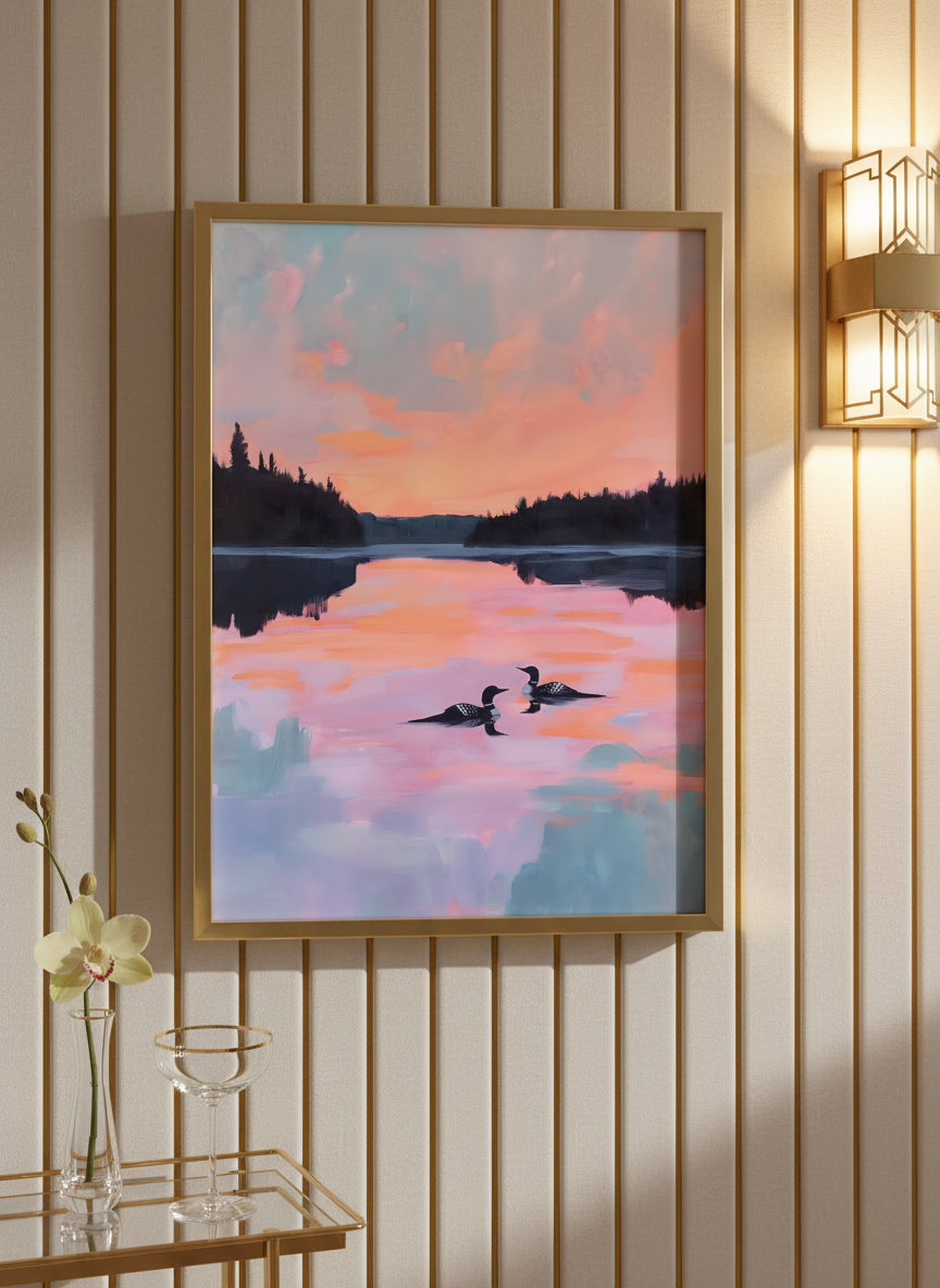 Loon Pair Sunset Lake Art art print shown in a art deco geometric setting