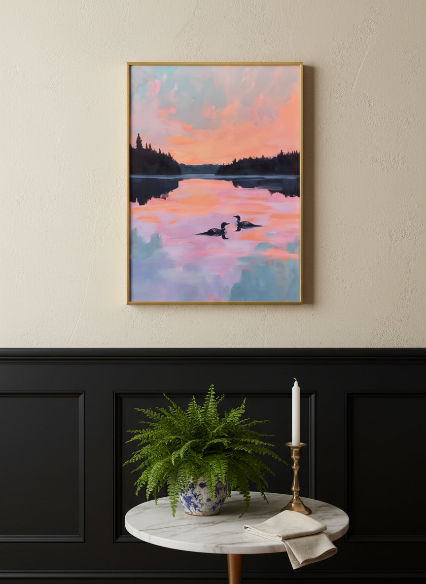 Loon Pair Sunset Lake Art art print shown in a black wainscoting gold setting