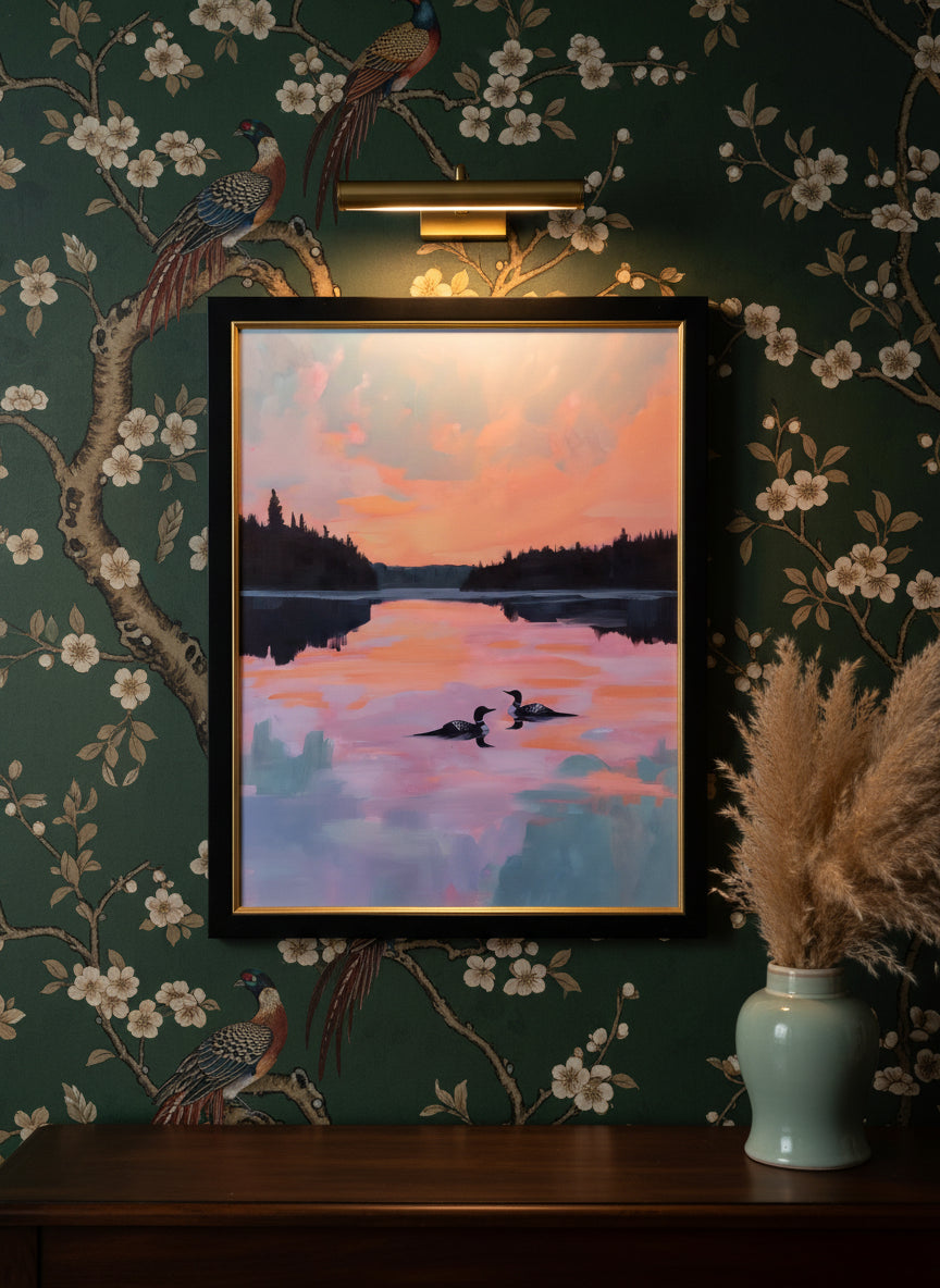 Loon Pair Sunset Lake Art art print shown in a chinoiserie moody setting