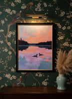 Loon Pair Sunset Lake Art art print shown in a chinoiserie moody setting