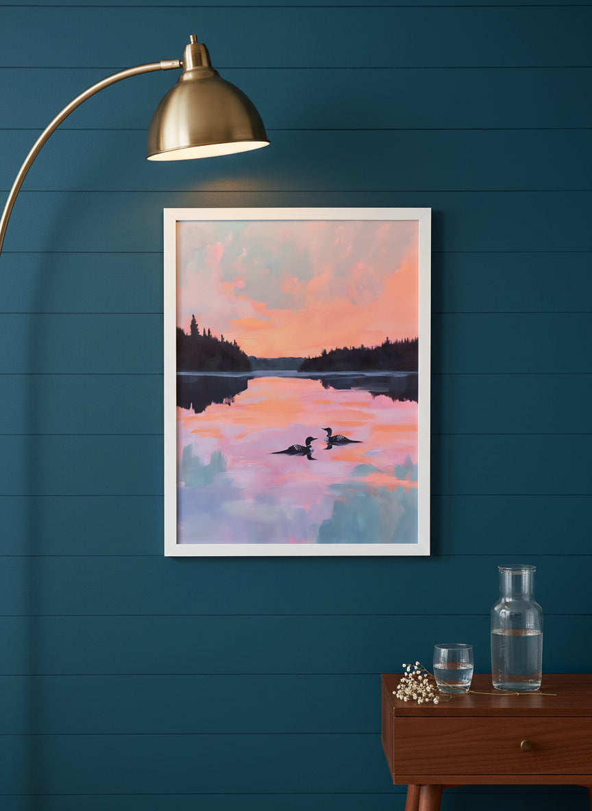 Loon Pair Sunset Lake Art art print shown in a deep teal modern setting
