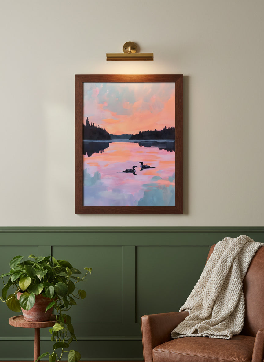 Loon Pair Sunset Lake Art art print shown in a forest green walnut setting