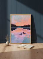 Loon Pair Sunset Lake Art art print shown in a navy paneled oak setting
