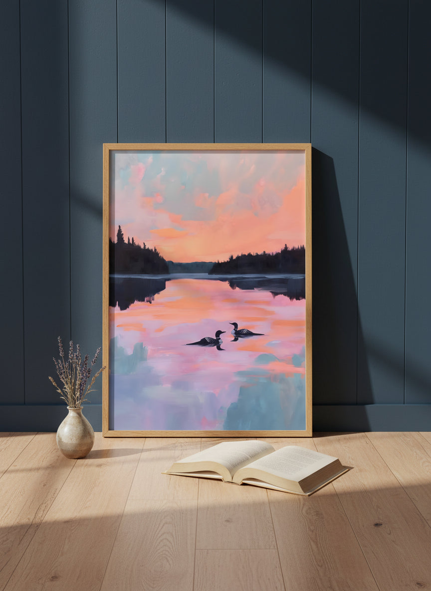 Loon Pair Sunset Lake Art art print shown in a navy paneled oak setting