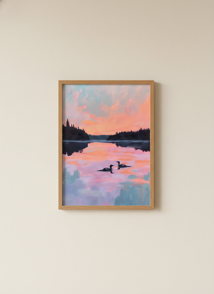 Loon Pair Sunset Lake Art art print