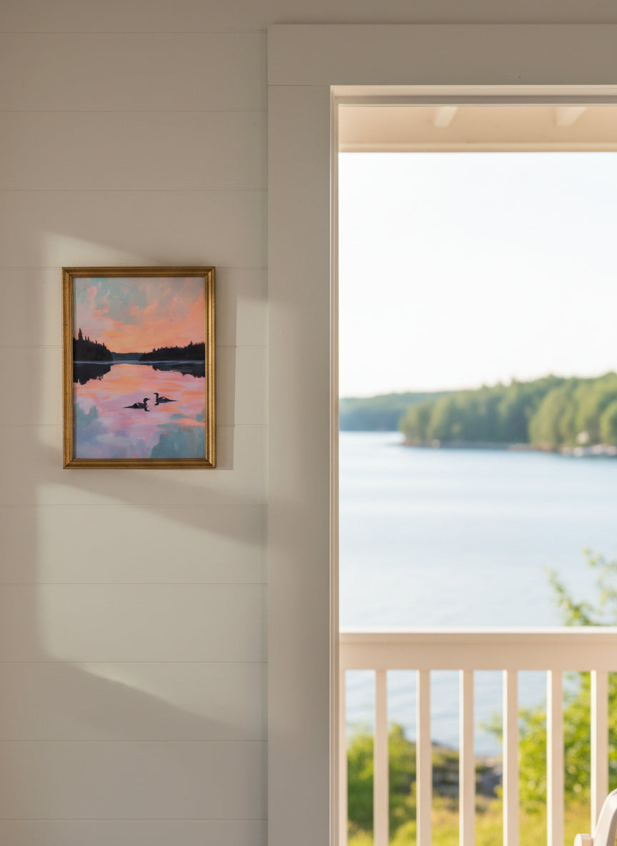 Loon Pair Sunset Lake Art art print shown in a shiplap blurred view setting