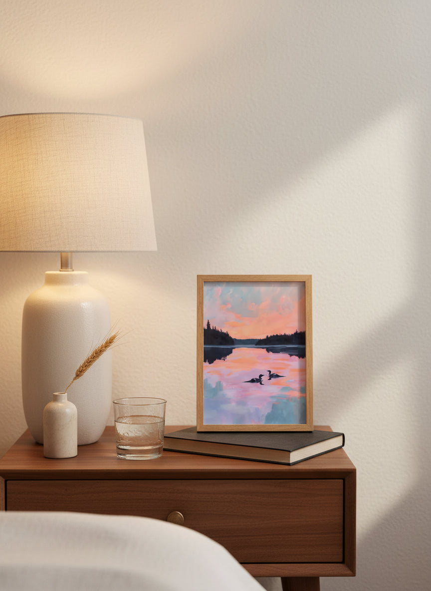 Loon Pair Sunset Lake Art art print shown in a small bedside oak setting