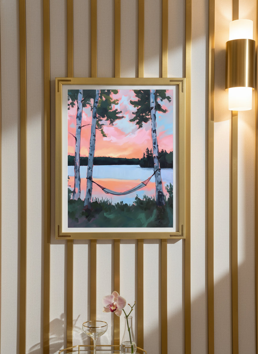 Birch Tree Hammock Lake Sunset art print shown in a art deco geometric setting