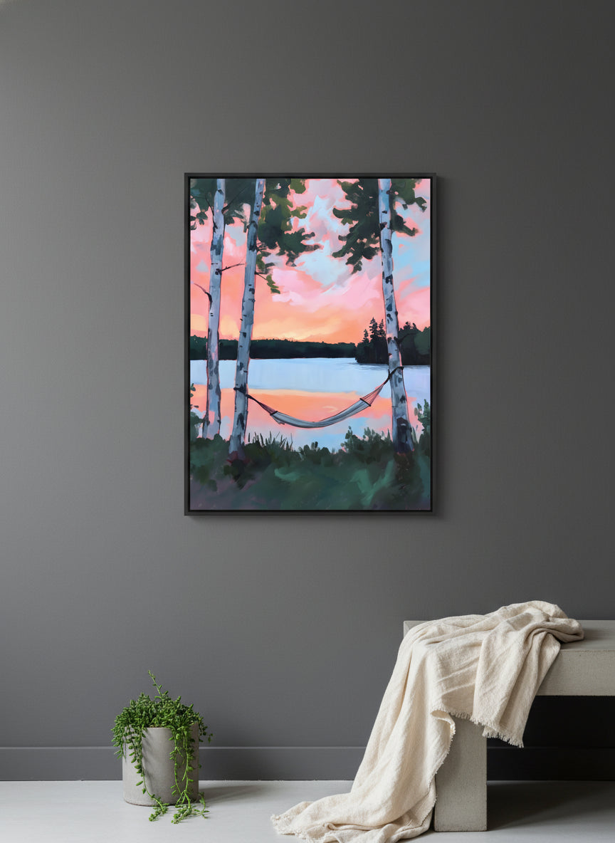 Birch Tree Hammock Lake Sunset art print shown in a charcoal minimal black setting