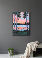 Birch Tree Hammock Lake Sunset art print shown in a charcoal minimal black setting