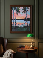 Birch Tree Hammock Lake Sunset art print shown in a dark olive study setting