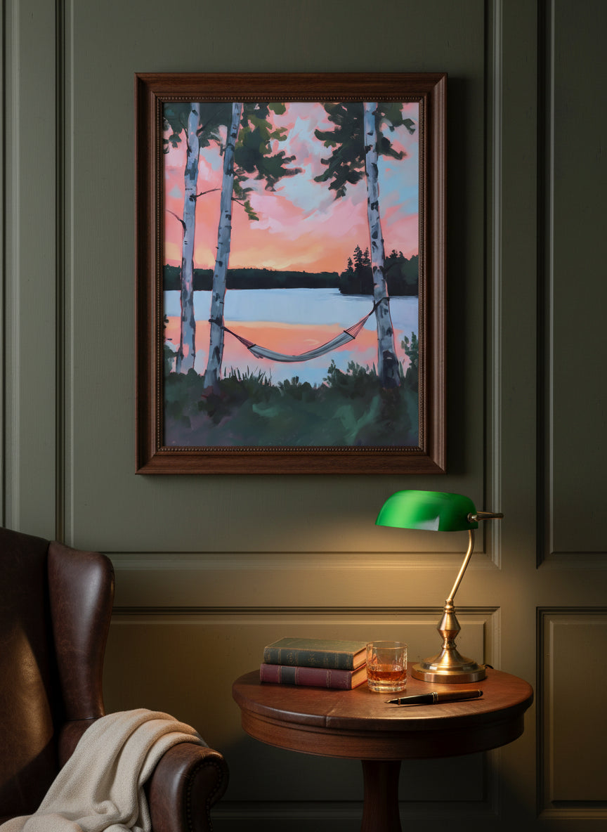 Birch Tree Hammock Lake Sunset art print shown in a dark olive study setting
