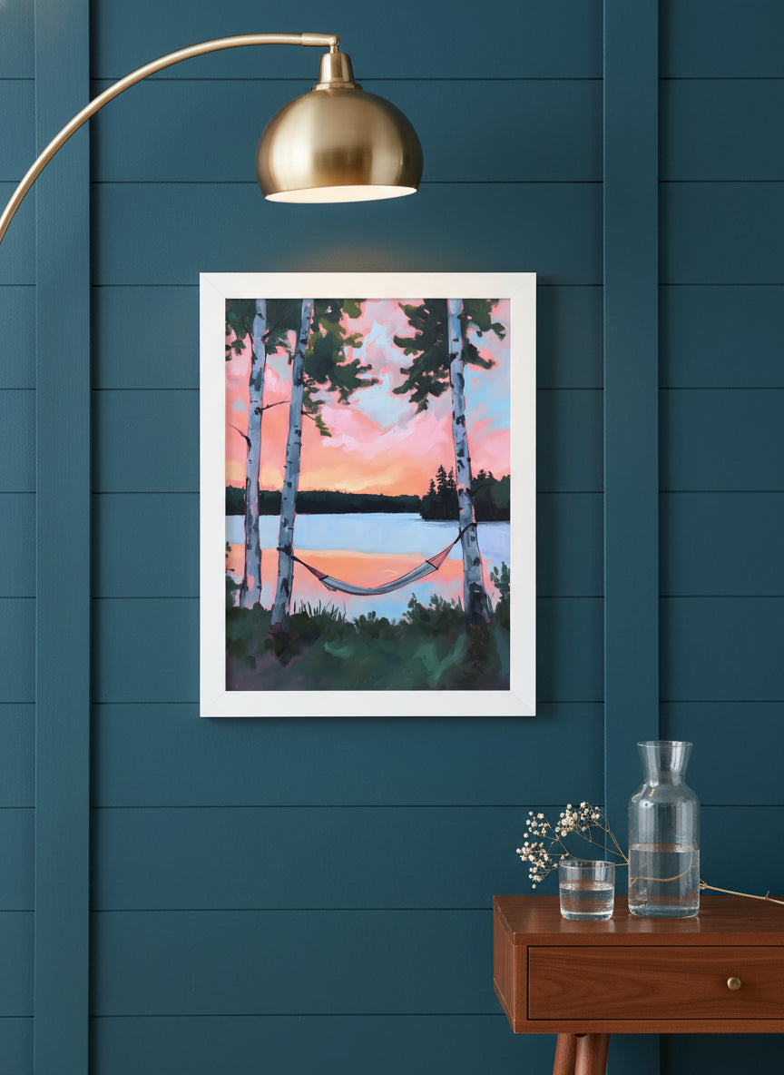 Birch Tree Hammock Lake Sunset art print shown in a deep teal modern setting