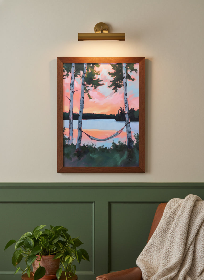 Birch Tree Hammock Lake Sunset art print shown in a forest green walnut setting