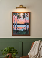 Birch Tree Hammock Lake Sunset art print shown in a forest green walnut setting