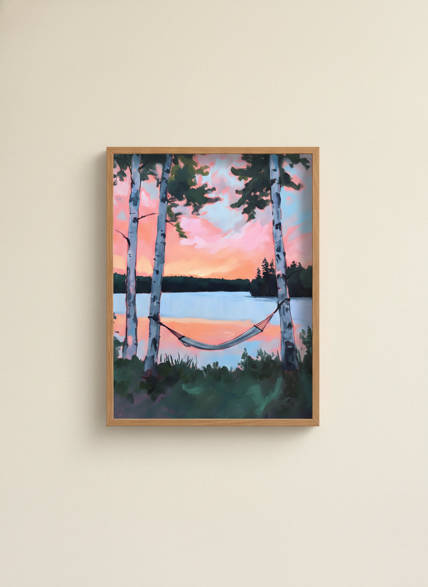 Birch Tree Hammock Lake Sunset art print